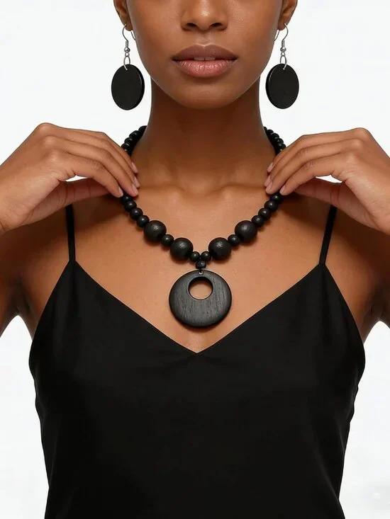 Red Natural Wood Round Beaded Strand Necklace, Chunky Bohemian Costume Jewelry f - Picture 6 of 7